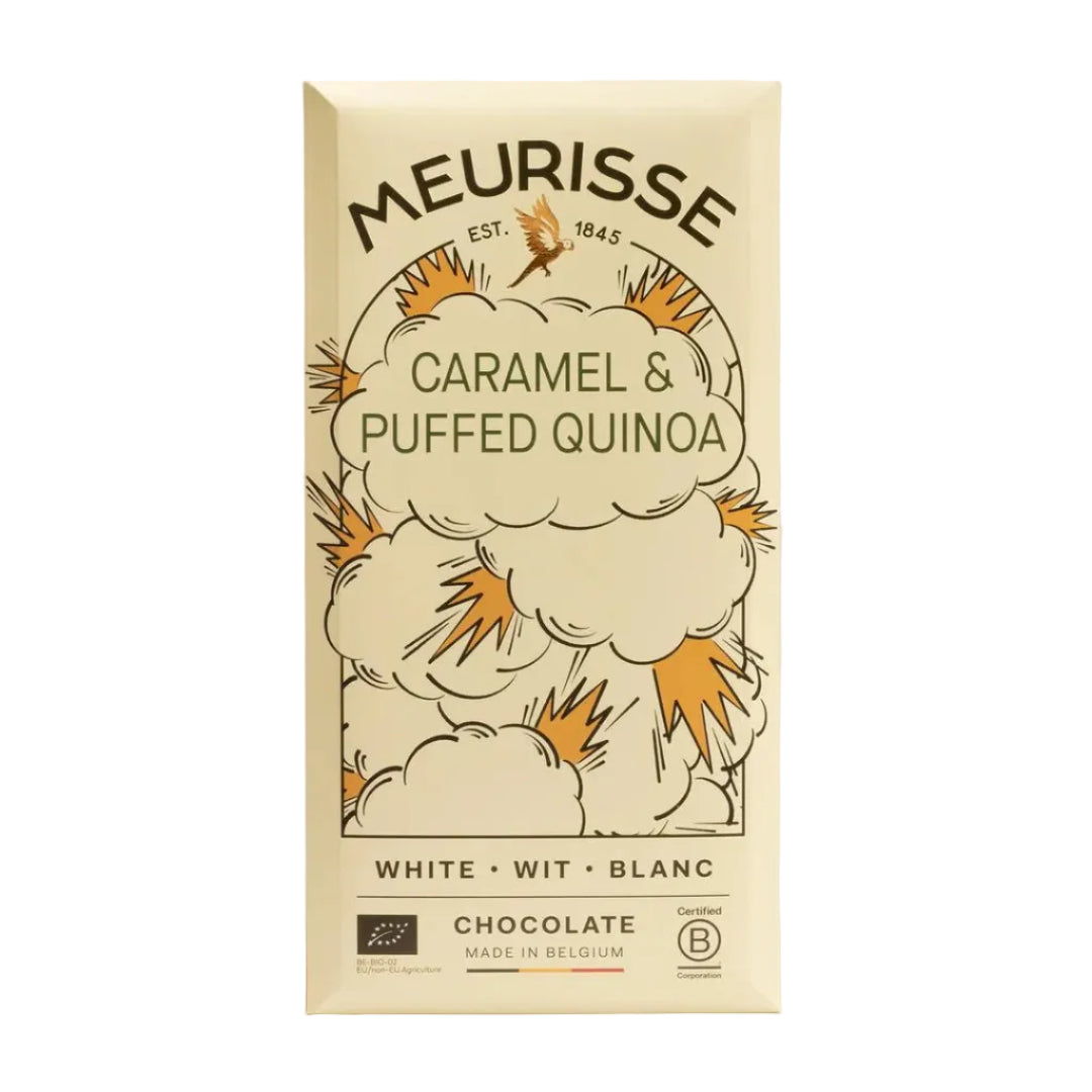 UUS! MEURISSE valge šokolaad karamelli ning õhitud kinoaga 100g