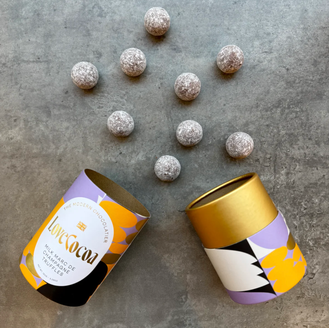 UUS BRÄND! Love Cocoa šokolaaditrühvlid silinder-karbis / Marc de Champagne maitseline 150g